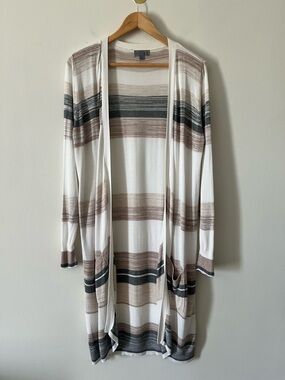 Joseph A. Long Line Open Front Striped Cardigan in White, Tan & Gray M